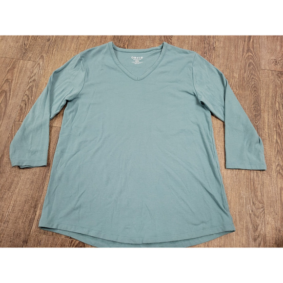 Orvis Tops - Orvis Relaxed V-Neck Three Quarter Sleeve Perfect Tee Green/Blue Shirt Medium